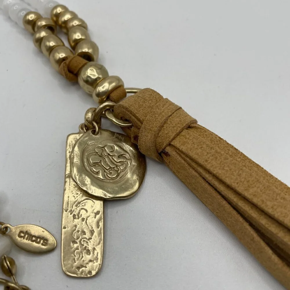NWOT Chico's White And Gold-Tone Bead Faux Suede Tassel Wen Pendant Necklace